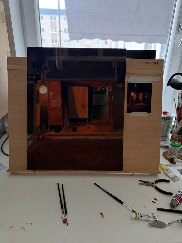 izakaya underpainting on easel, dark moody alleyway scene with orange lantern glow